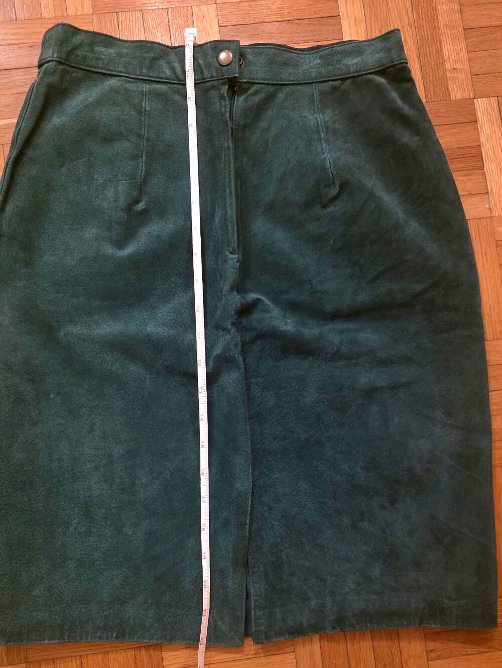 Dark Green Suede Midi Skirt with Front Slit
